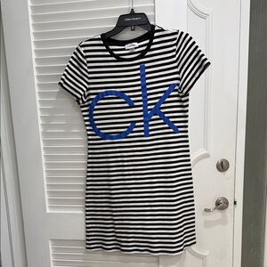 Calvin Klein Black and White Striped Dress with Blue Logo